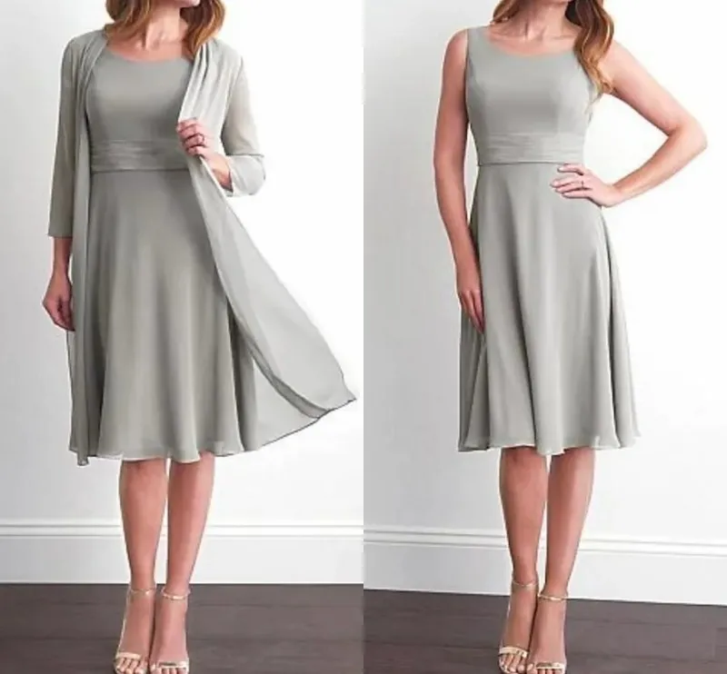 

Two Piece A-Line Mother of the Bride Dress Wrap Included Jewel Neck Knee Length Chiffon Bridal Party Gown Robe De Soiree