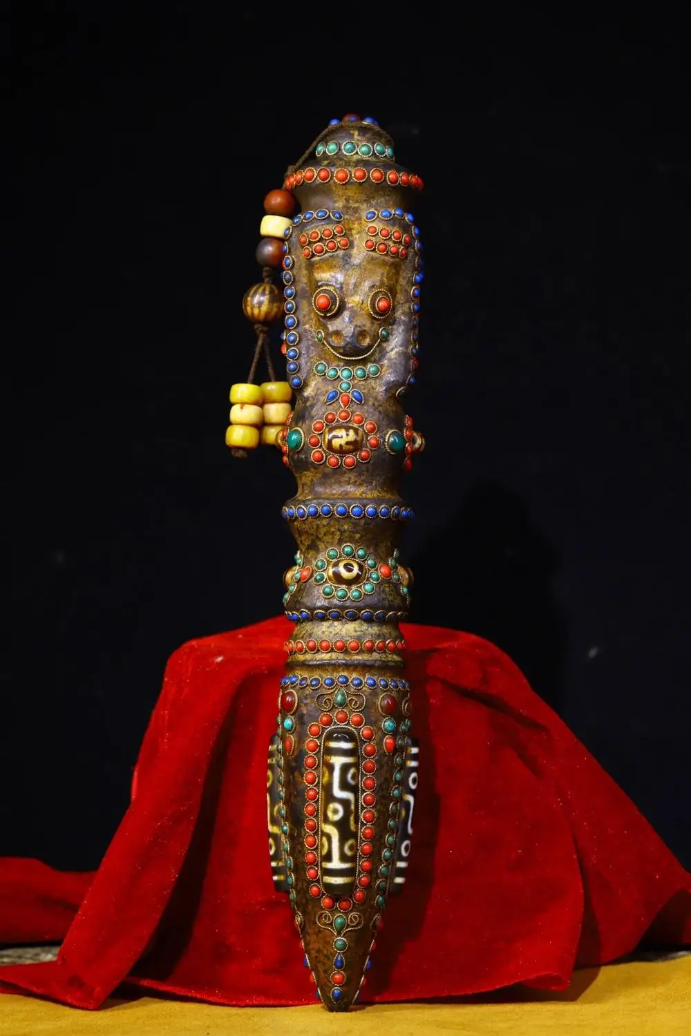 13 "Xizang الشعبية القديمة النيزك الطبيعي فسيفساء جوهرة gZi الخرز Hayagriva رئيس Vajra Phurba تميمة دارما تاون هاوس
