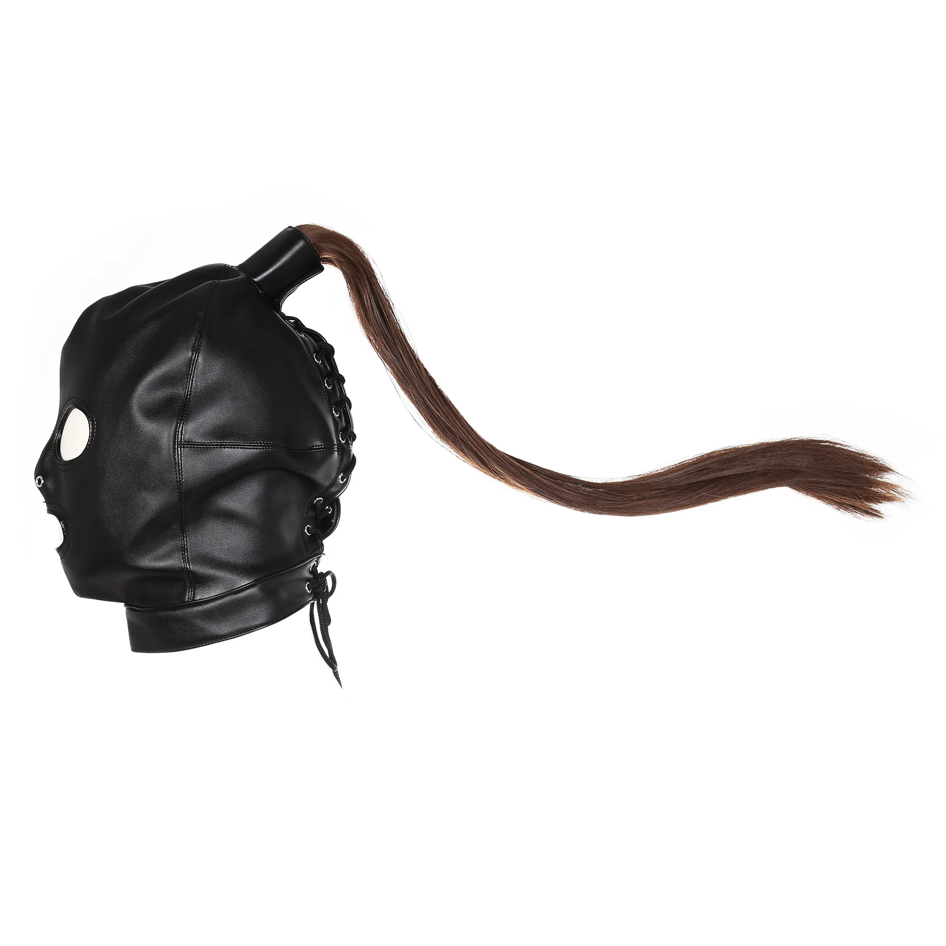 Exotic Accessories of Gay Men Leather Tank harness Bdsm Open Mouth Bondage Hood Mask with Braid Tail for Fetish Cosplay Sex Toys