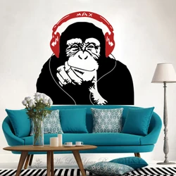 Banksy Gorilla Monkey Headphone Music Wall Sticker Living Room Kids Room Cartoon Graffiti Chimp Listen Earphone Wall Decal
