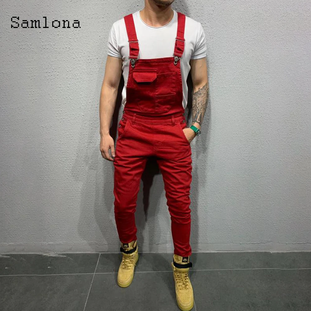 2025 Men's Stand Pocket Sexy Jeans Casual Denim Overalls Strappy Pantalon Red Khaki Basic Jeans Pencil Trouser Mens Streetwear