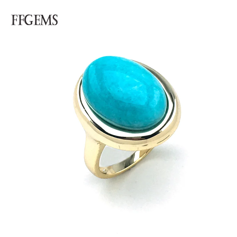 FFGems Natural Amazonite Sterling Silver 925 Ring Big Blue Color Gemstone Simple Fine Jewelry Women Engagement Wedding Gift