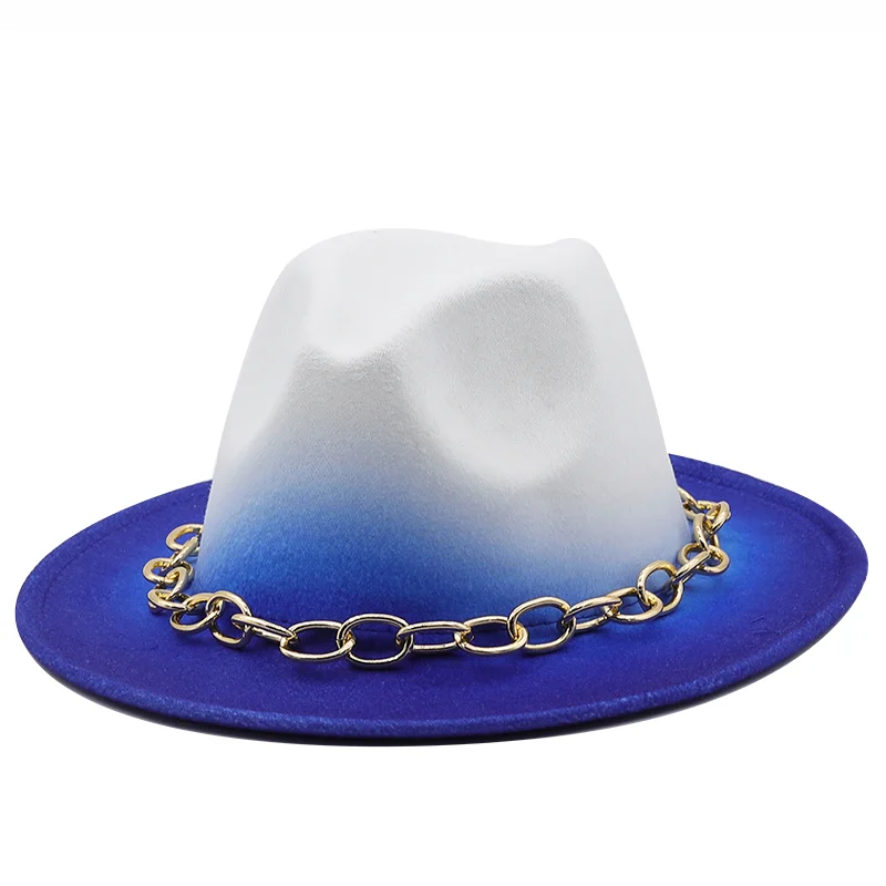 Blue/white Wide Brim Simple Church Derby Top Hat Panama Solid Felt Fedoras Hat for Men Women artificial wool Blend Jazz Cap