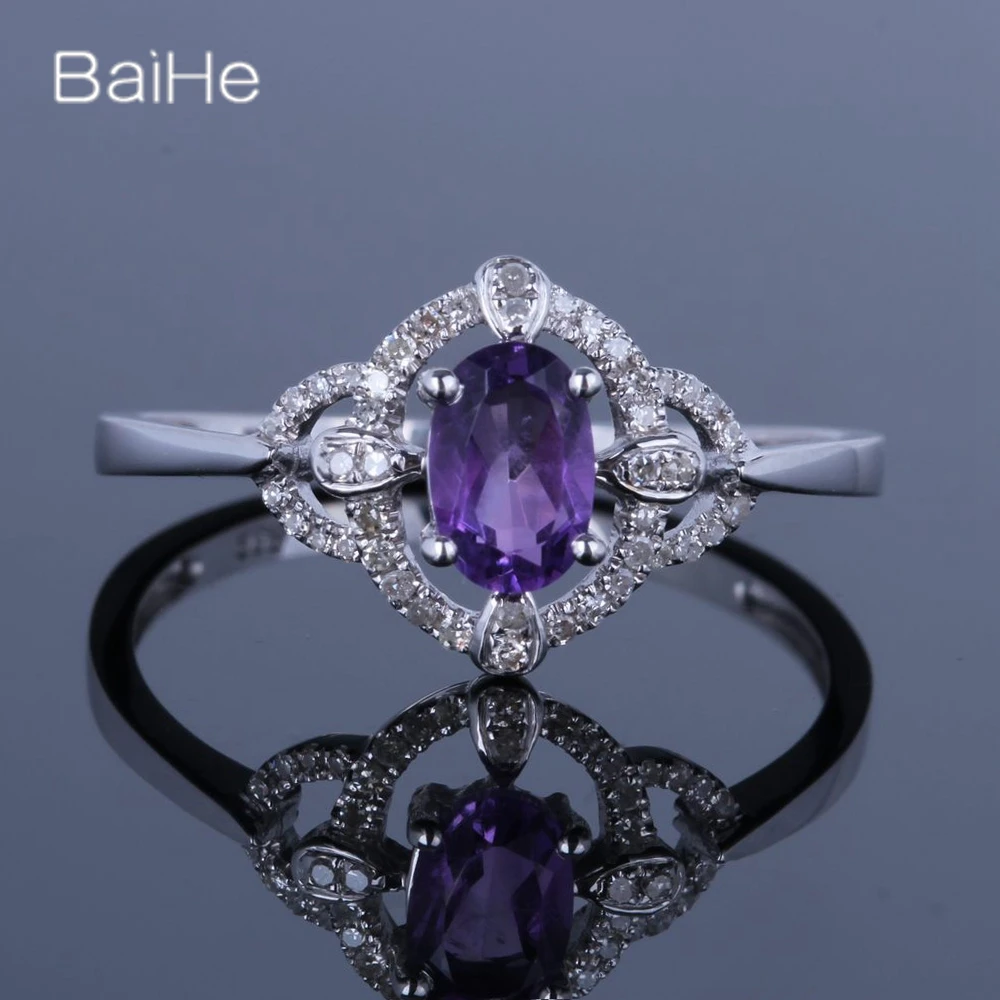 

BAIHE Solid 14K White Gold 0.12CT Oval Genuine Natural Amethyst Wedding Gift Women Wedding Trendy Fine Jewelry Amethyst Ring