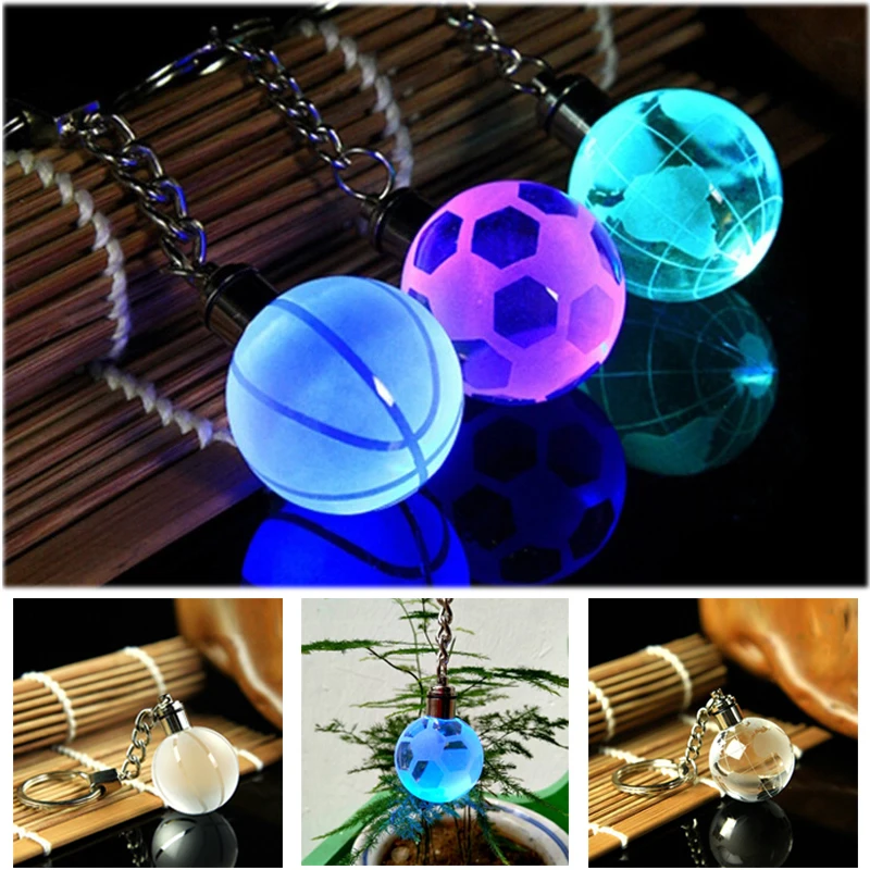 Soccer Basketball Globe Keychain Pendant Colorful Glow 3D Crystal Football Key Ring Soccer Key Chain Birthday Sports Club Decor