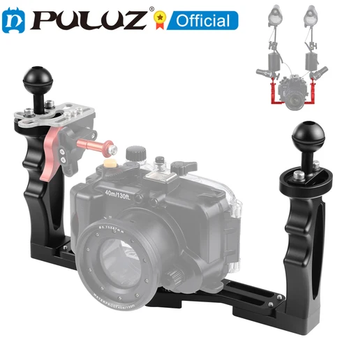 Estabilizador de bandeja de aleación de aluminio con asas duales PULUZ con adaptador de extensión de gatillo de liberación de obturador para carcasas de cámaras subacuáticas