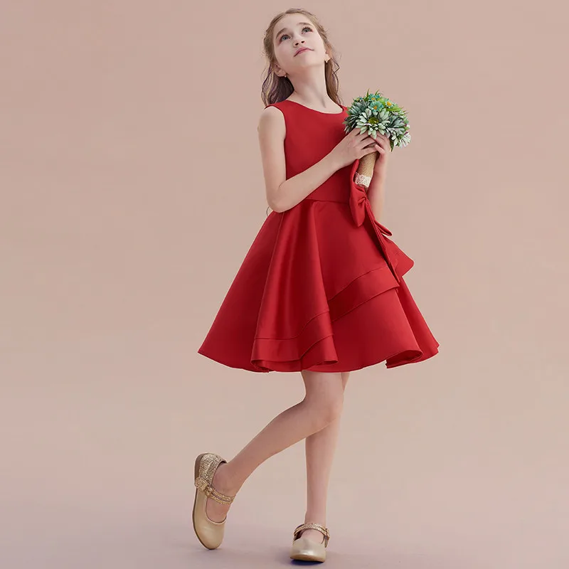 Robe de soirée courte en satin rouge personnalisée pour filles, robe de princesse à fleurs mignonnes, robe de fête d'anniversaire pour enfants junior