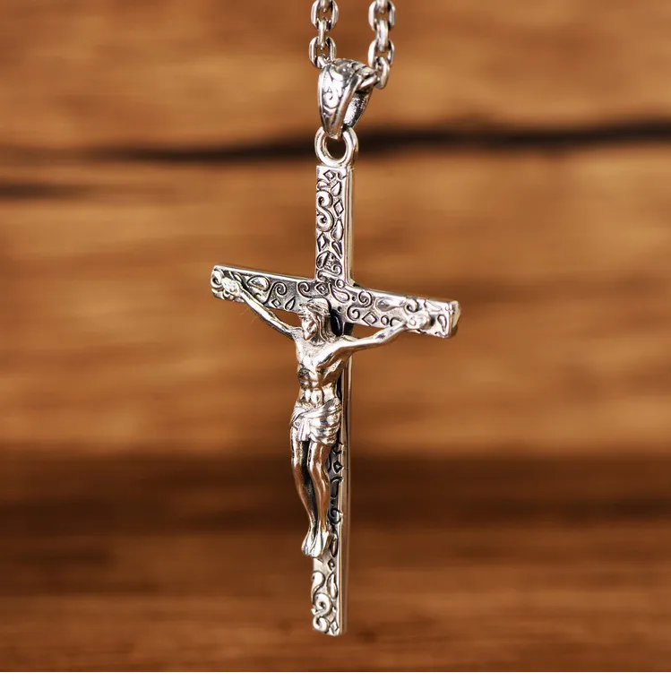 s925 sterling silver vintage Thai silver Jesus cross trendy male catholic personality female faith pendant