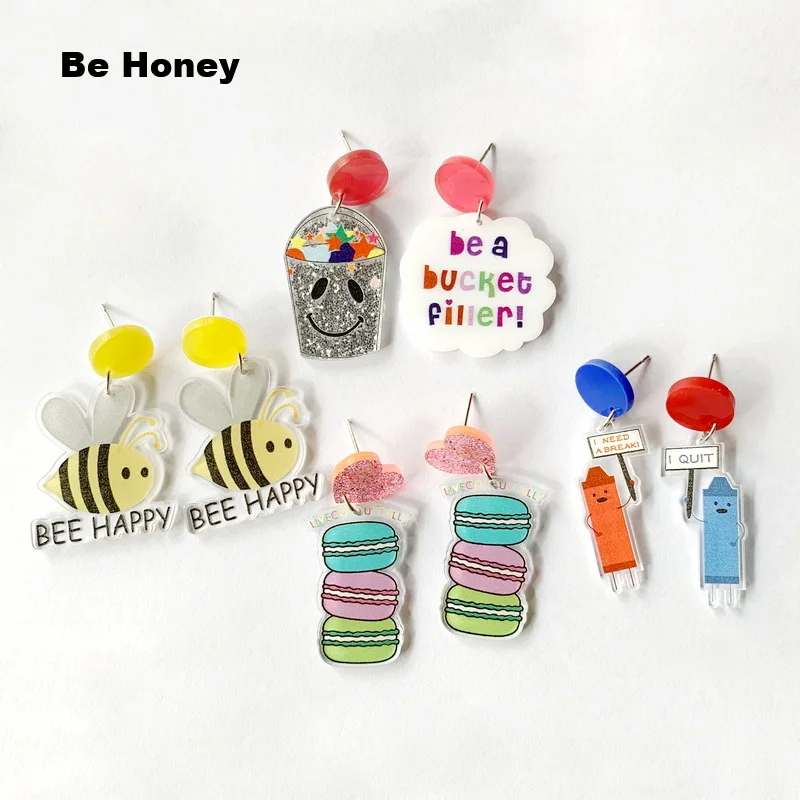 New Arrivals Cute Acrylic Stud Earrings Bee Happy Macarons Live Colorfully Be A Bucket Filler And Blue Red Crayon I Need Break