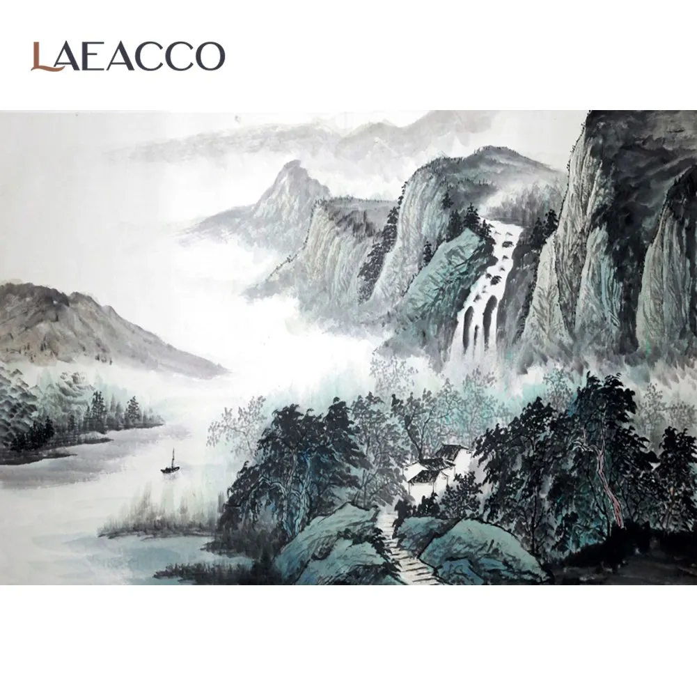 

Laeacco Oil Painting Mountain Waterfall Orient Style Scenic Pattern Photographic Background Photo Backdrop For Photo Studio