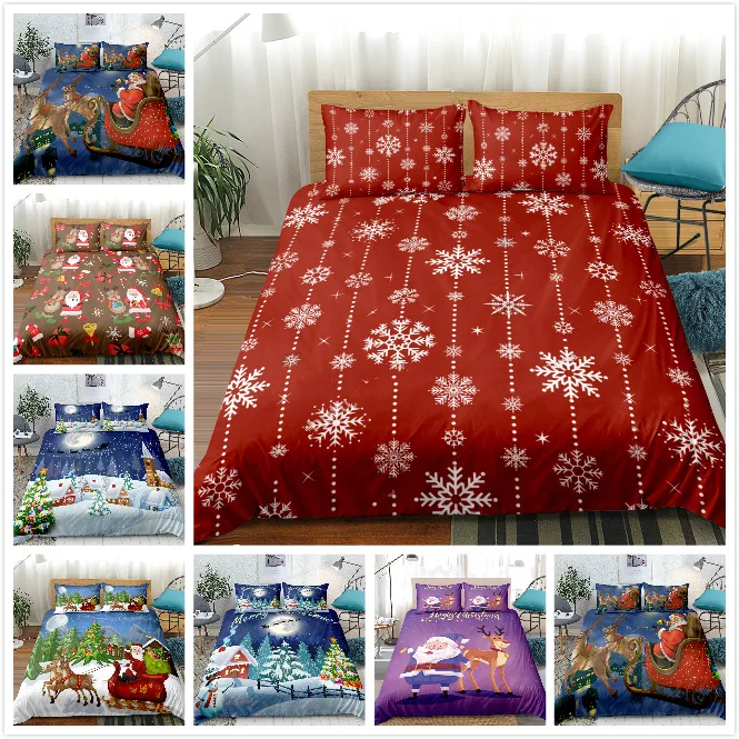 

Merry Christmas Bedding Set Duvet Cover with Pillowcase Red Santa Claus Comforter Bed Set Gifts Queen King Size Bed Linens