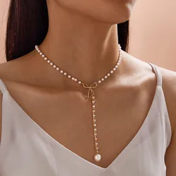 Ins Fashion Sweet Korean Style Imitation Pearl Clavicle Necklace Women Personality Chain Bow knot Rhinestone Pendant Necklace