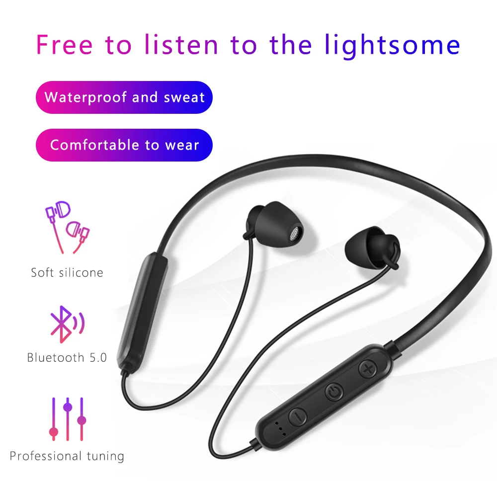 Wireless V5.0 Bluetooth Sleeping Earphone Soft Silicone Stereo Sports Earbuds Hanging Neck Headset Noise Cancel Halter movement