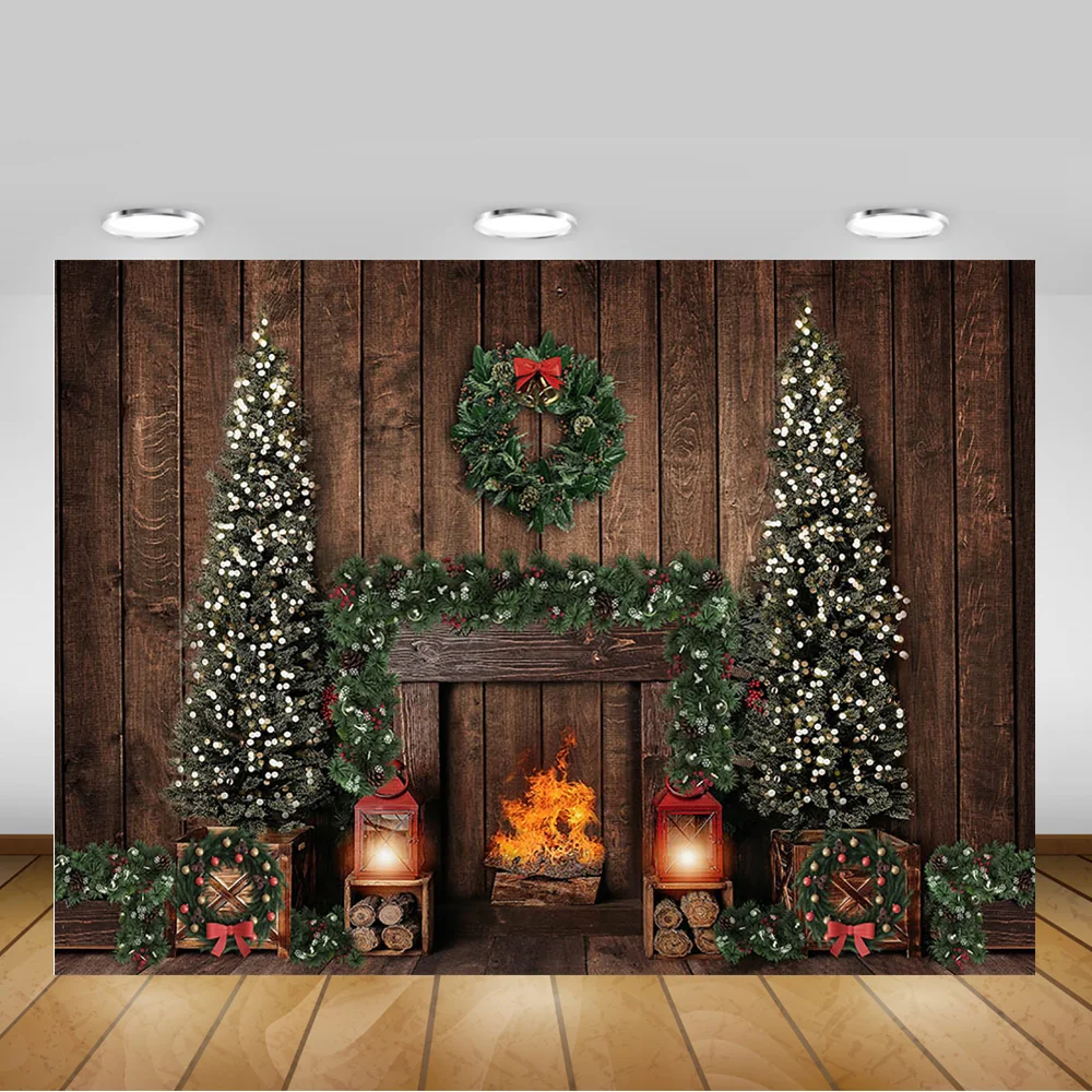 Christmas Backdrop for Photography Retro Wooden Wall Winter Xmas Background Christmas Trees Wreath Fireplace Light Photo Shoot