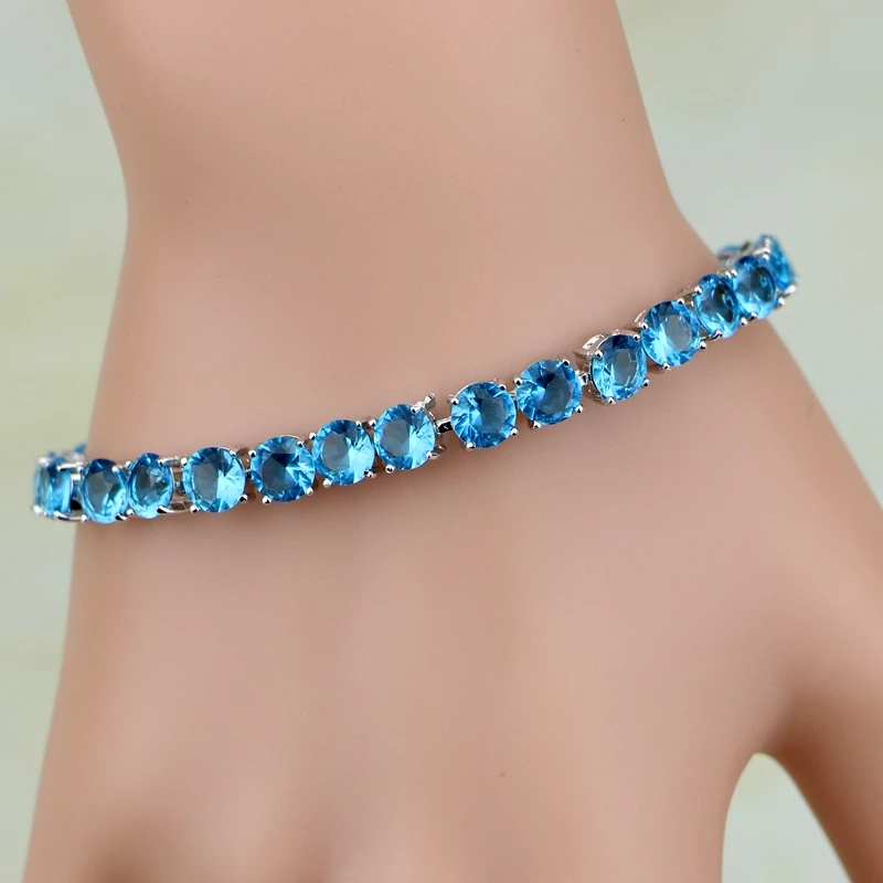 Precious Round Sky Blue Australian Crystal 925 Sterling Silver Chain Link Bracelet Charm Vintage For Women Christmas Gift