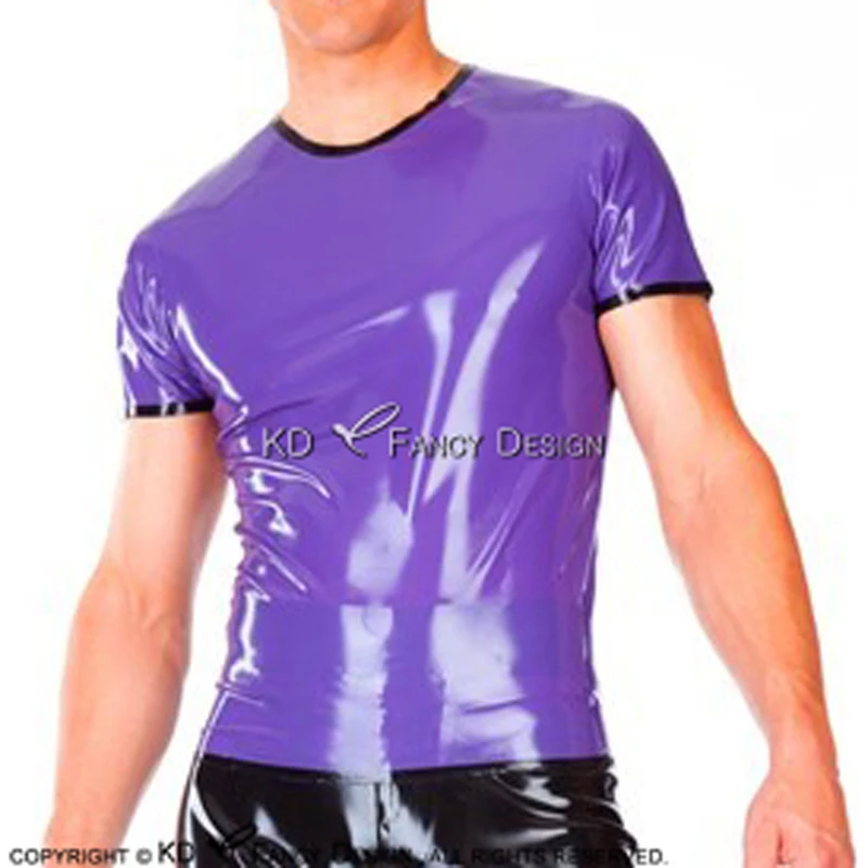 Purple And Black Sexy Latex Shirt With Trims Decoration Short Sleeves Round Collar Rubber Blouse Top Clothing YF-0079