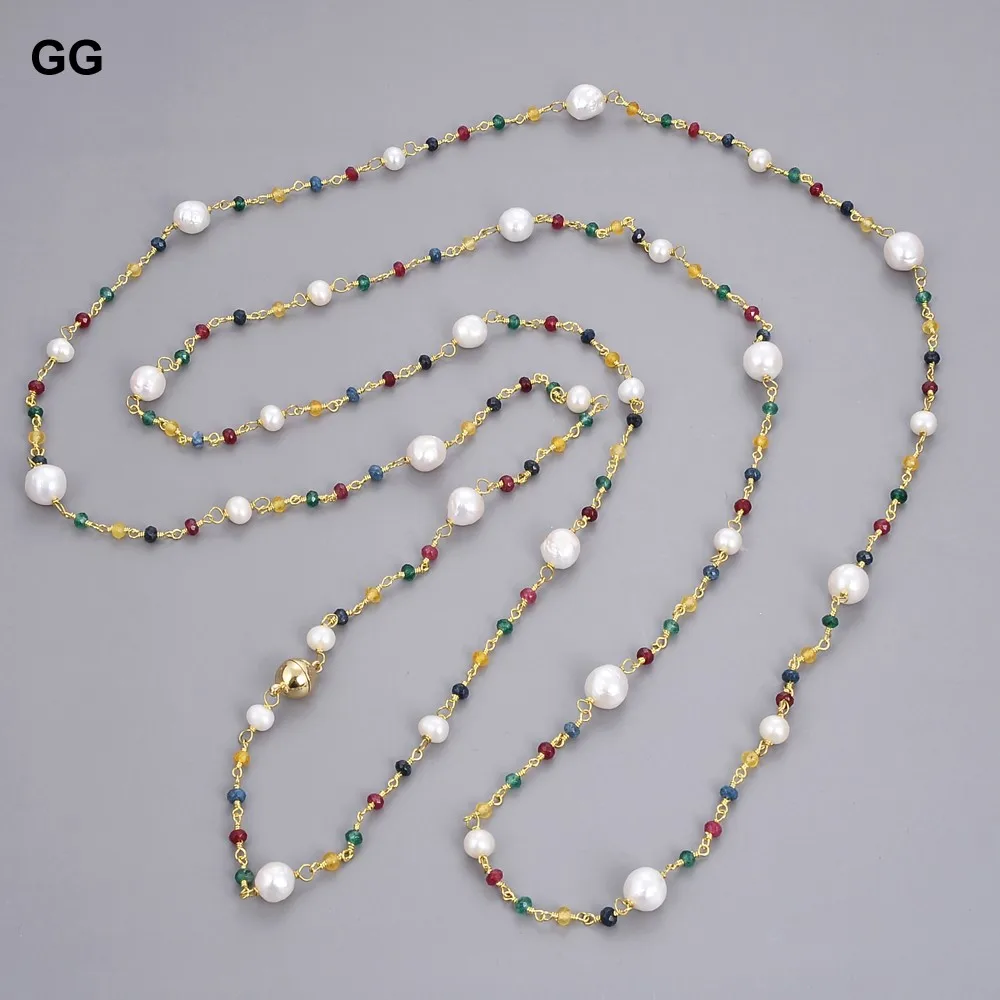 

GG 70'' Multi Color Faceted Jade Natural White Keshi Pearl Long Necklace Handmade For Women