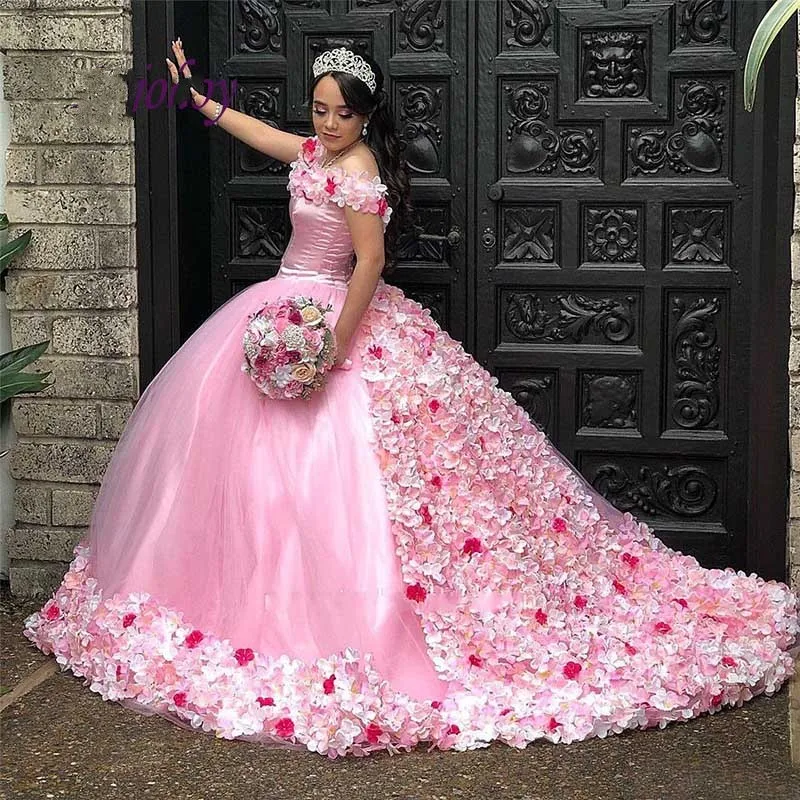 Розовое бальное платье Quinceanera, женское бальное платье с объемными цветами, пышное платье для маскарада, дебютанта 15 лет, 16-летнее милое 16-лет...