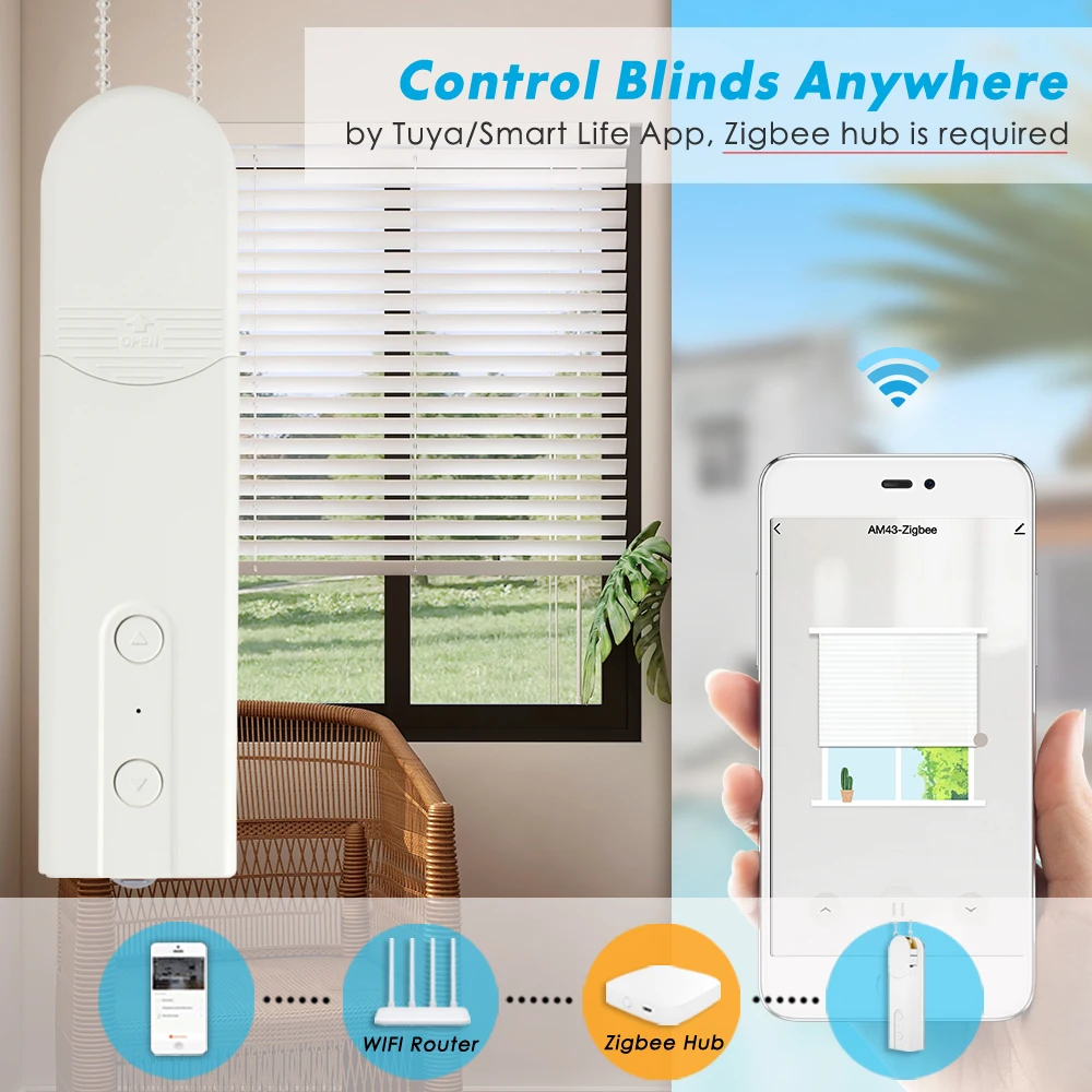 Tuya Zigbee Smart Motorized Chain Roller Blinds Shades Curtain Motor Lithium Battery with Solar Panel, Support Google Home Alexa