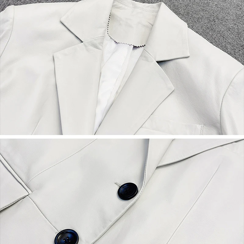 Roupa feminina couro legítimo inverno solto terno feminino elegante branco jaqueta feminina manga comprida com cinto