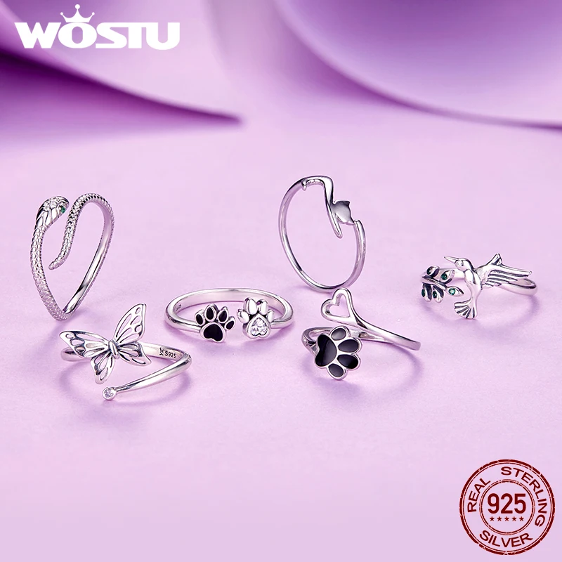 WOSTU Authentic 925 Sterling Silver Lovely Animals Snake Cat Clear CZ Adjustable Rings Women Wedding Party Fine Jewelry Gift