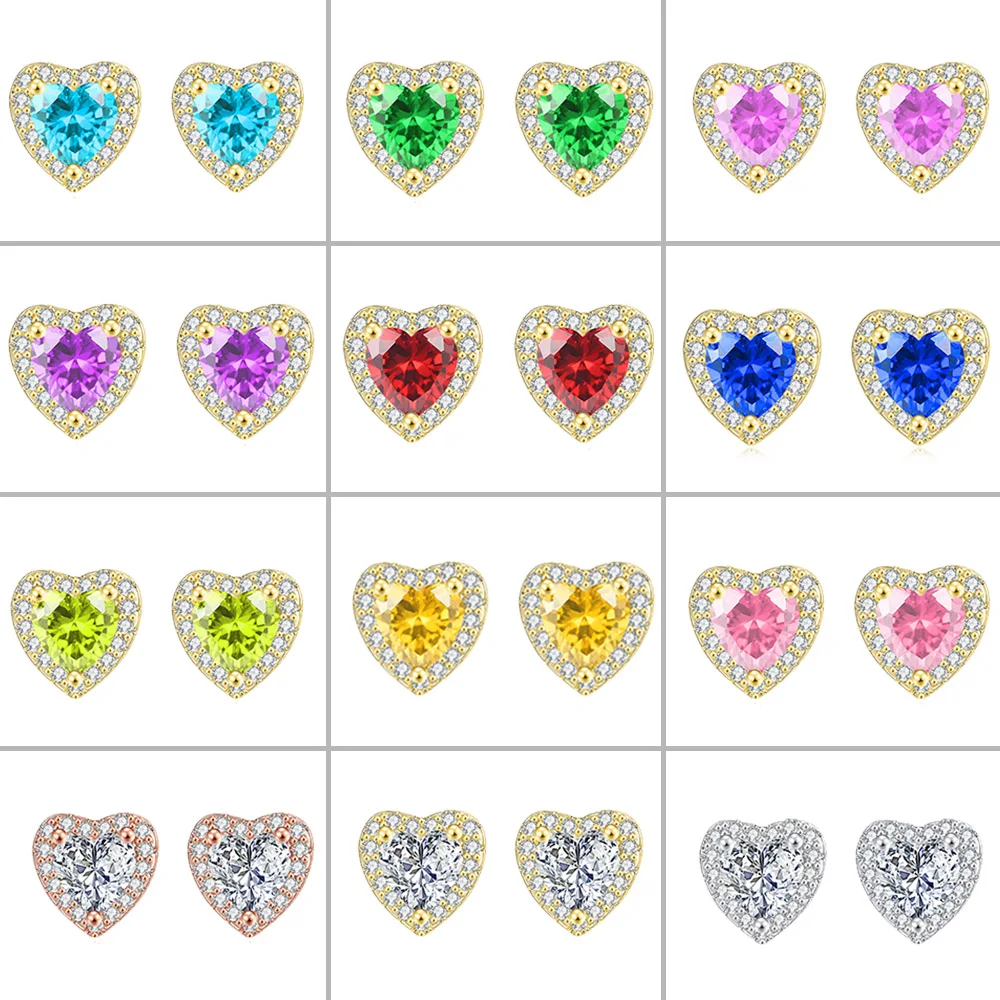 Bling Multicolor Crystal Heart Stud Earrings for Women Romantic Birthstone Zircon Wedding Earing Ear Jewelry Accessories Gifts