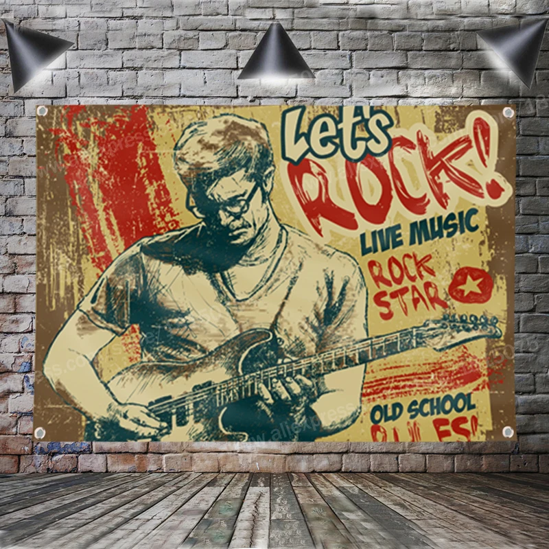 Let\'s Rock Flag Banner Music Rock Band Home Decoration Hanging Flag 4 Gromments In Corners 3*5FT 144*96CM
