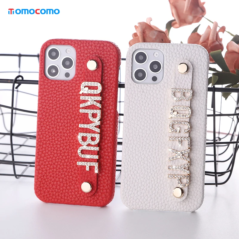 Pebble Leather Custom Name Cowhide Phone Case Diamond Metal Letters Cover iPhone 15 14Pro Max 14Plus 13Pro Max 13 12 11