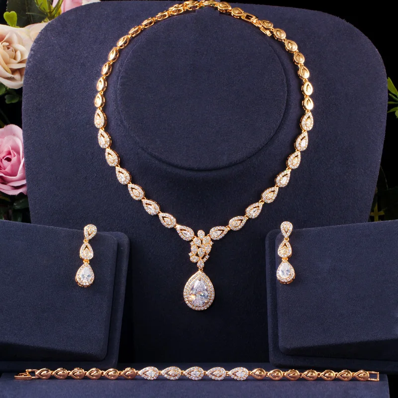 CWWZircons Luxury Cubic Zirconia Gold Color Water Drop Earring Necklace Bracelet Wedding Party Costume Bride Jewelry Sets T402