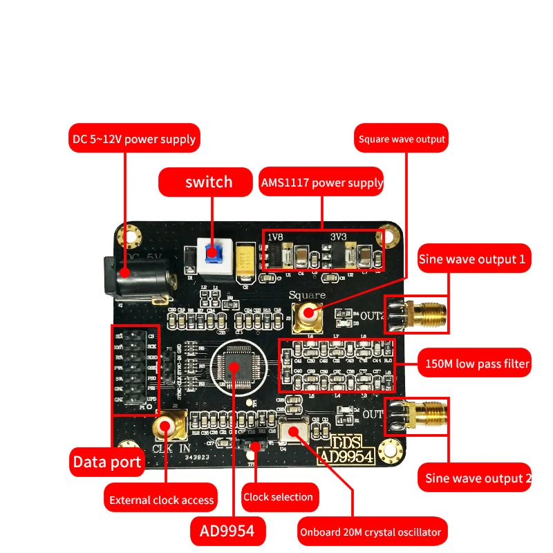 AD9954 DDS module signal generator module sine wave square wave RF signal source 400m main frequency