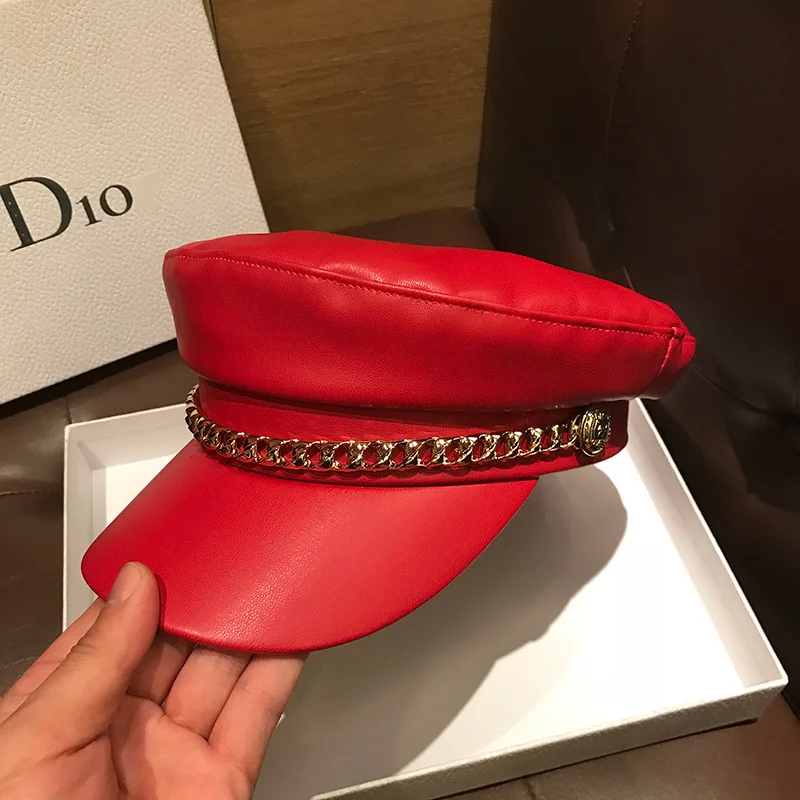 Fashion Solid Color PU Leather Chain Women\'s Winter Hat 2021 Artist All-Match Beret Spring Casual Travel Shopping Ladie Flat Cap