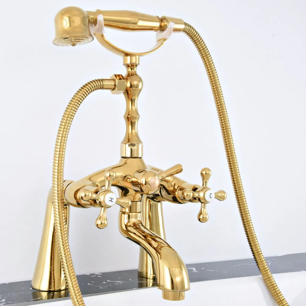 

Modern Luxury Golden Brass Deck Mounted Bathroom Tub Faucet Set with 1500MM Handheld Shower Spray Head Bath Mixer Tap 2tf772