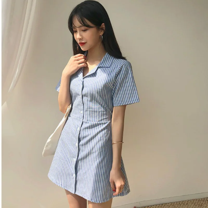 

2021 Short Sleeve Striped Shirt Dress Summer Office Ladies Elegant Shirt Dress Casual Stripe Lace Up Slim Simple Mini Dresses