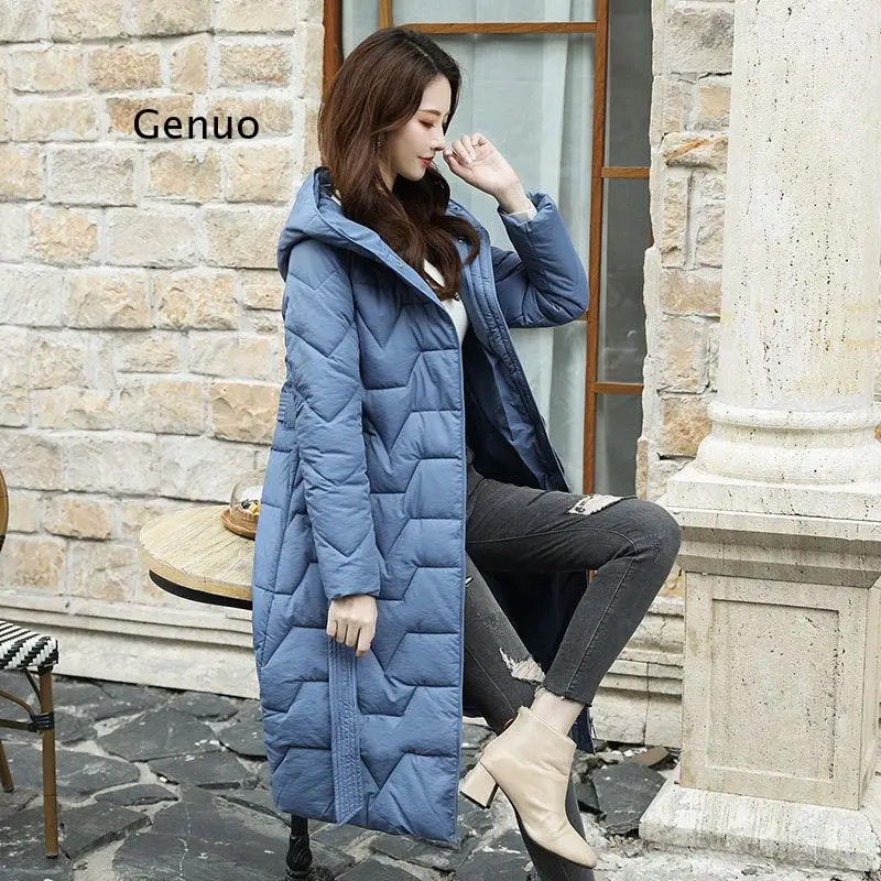 

Winter Hooded Long Women Parkas Jacket Slim Warm Casual Elegant Office Ladies Parkas Thicken Basic Belt Zipper Coats