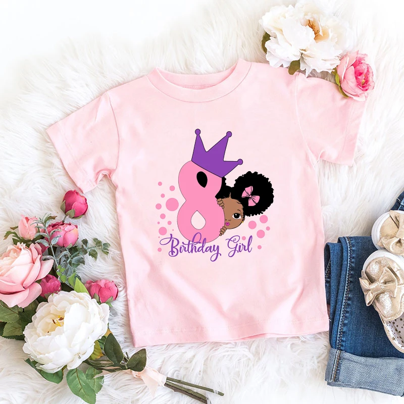 

New Summer Style T-Shirt Girl Black Littl Girl 8th Birthday Graphic African Black Girls Pink T Shirt Children Birthday Costume