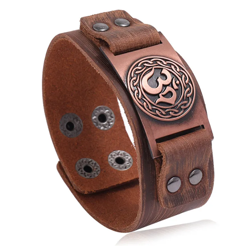 Vintage Viking OM Genuine Leather Bracelet Men Nordic Runes Odin Symbol Wrap Bangle Jewelry Accessories Gifts