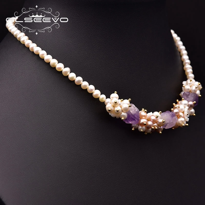 GLSEEVO Natural Freshwater Pearl Short Necklace For Woman Anniversary Natural Shell Flower Handmade Chain Jewelry GN0261