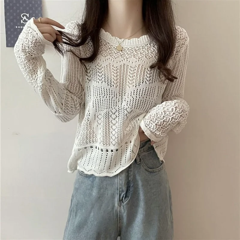 Sweaters Women Knitted Hollow Out Summer Thin Fashion Loose Long Sleeve New Casual See Through Sexy Pullovers All-match Simple