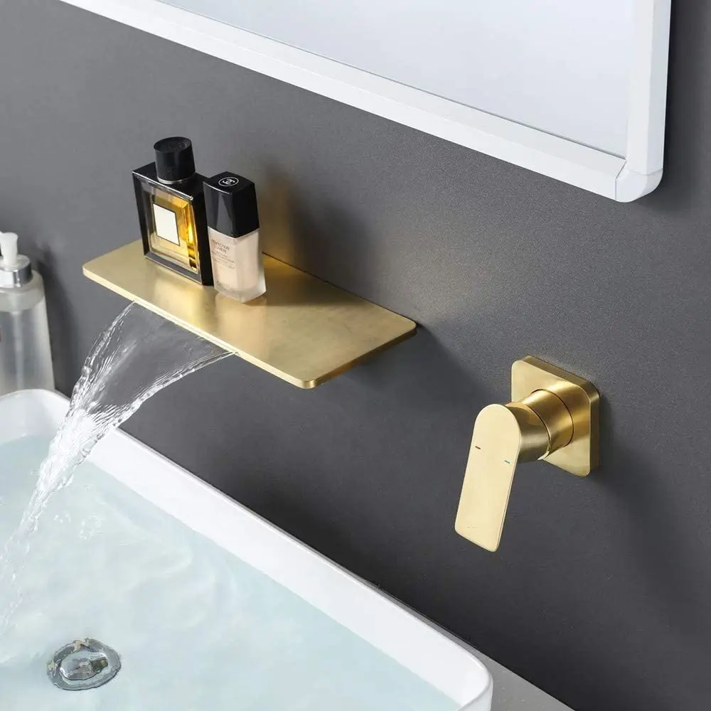 

Brushed Gold Waterfall Bathroom Sink Faucet Solid Brass Black 1 Handle Wall Mounted Lavatory Faucet Mixer Tap