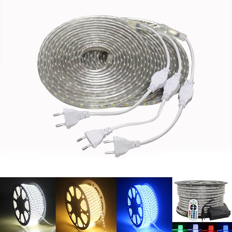 220V LED Strip Light Waterproof RGB Strip Led Ribbon 5050 Led Tape 220 Flexible Led Strip 220 v 60Leds/M Lighting with EU Plug