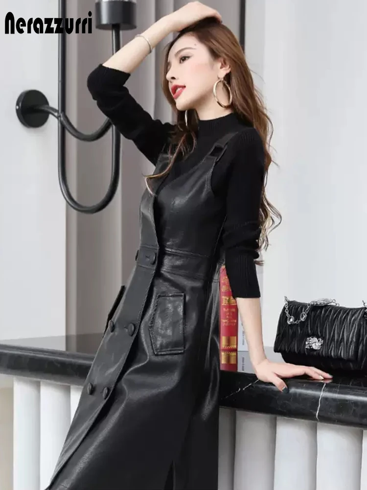 Nerazzurri Summer long black pu leather dress women strap midi faux leather dresses for women 2021 Womens Elegant Korean fashion