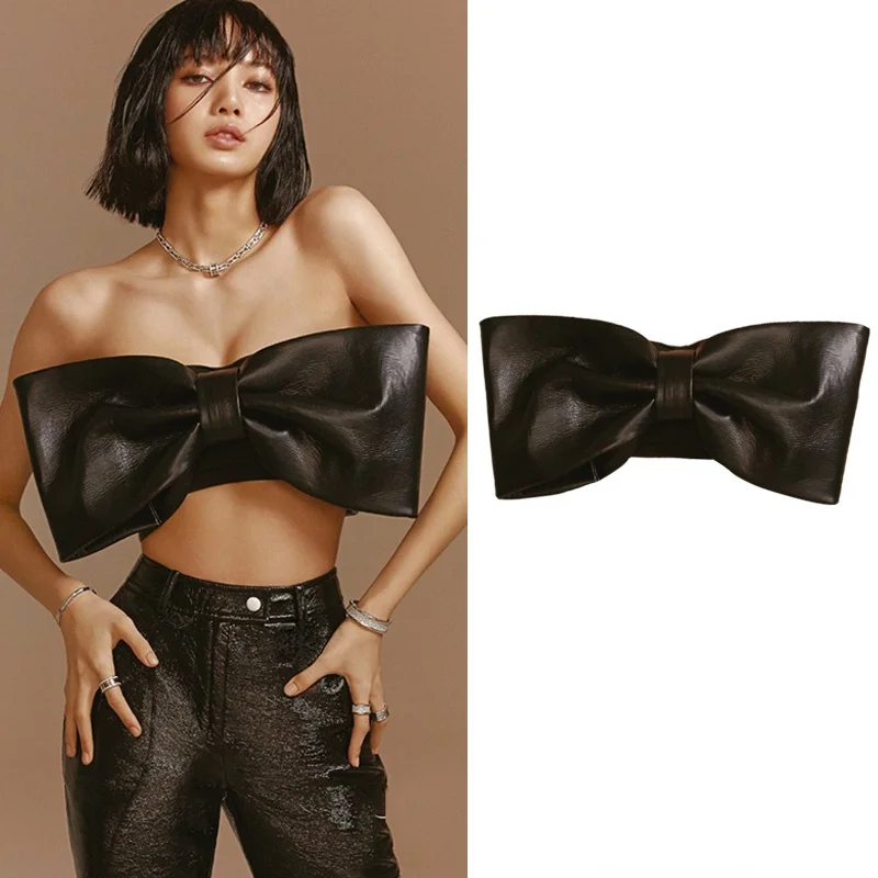 

Kpop Korean Singer Women Sexy Bow-Knot PU Leather Strapless Tube Crop Top Summer Solid Slim Clubwear Lady Cropped Backless Vest