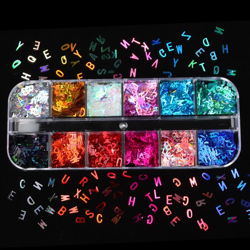 

12Set Letter Sequins Nail Art Glitter Mirror Laser Holographic Glitter 3D Slices Paillette Nail Supplies for Professionals