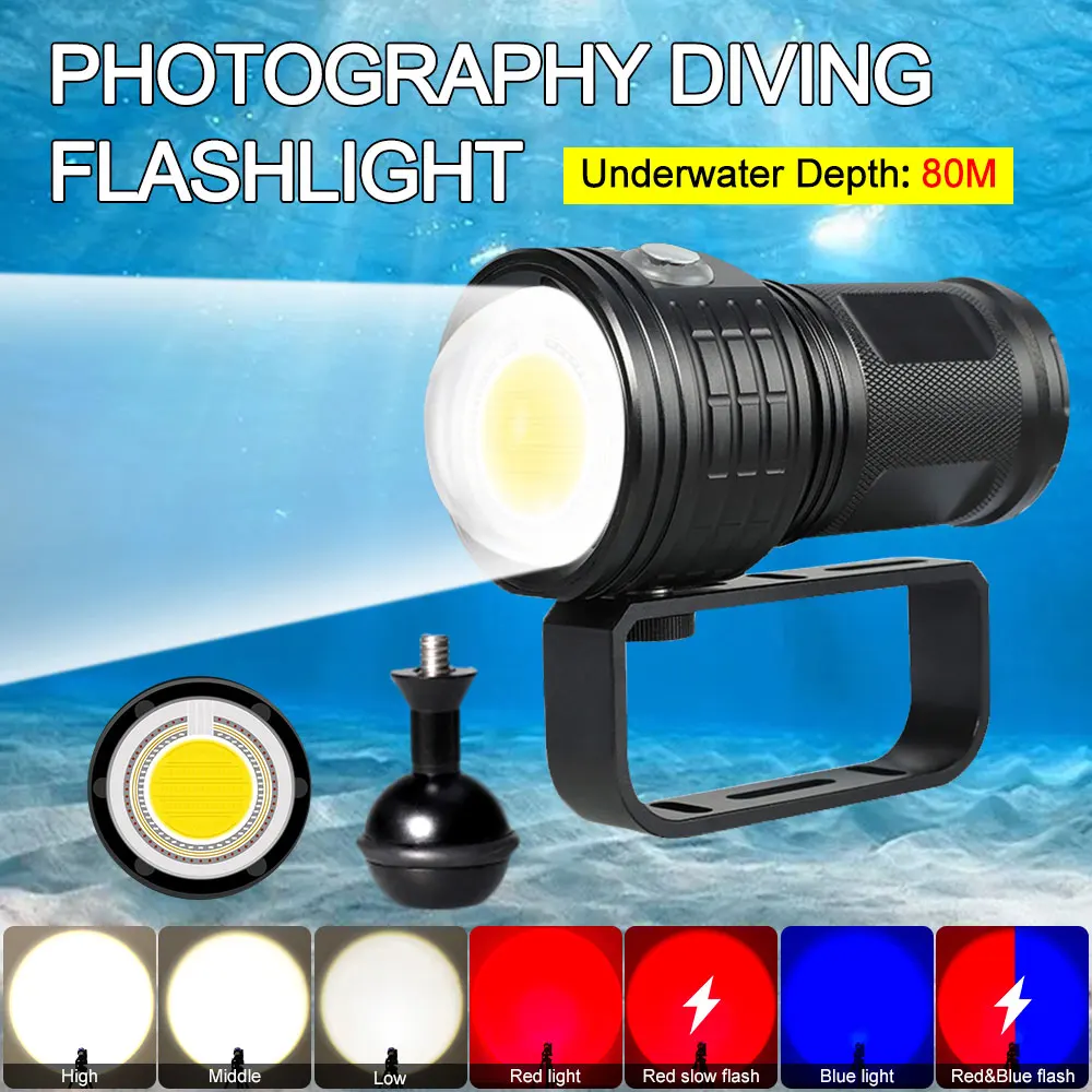 

Multi-functional IPX8 Photography 3 Color Diving Flashlight 80m Scuba Underwater LED Light COB Flashlight