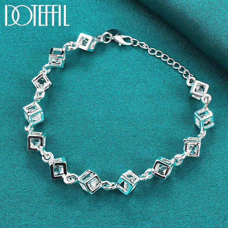 DOTEFFIL 925 Sterling Silver Square AAA Zircon Chain Bracelet For Women Wedding Engagement Party Fashion Jewelry