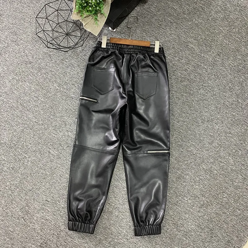 Women Causal Loose Fit Joggers Harem Pants Ankle Length Elastic Waist Sheepskin Genuine Leather Pants New Streetwear Cargo Pants