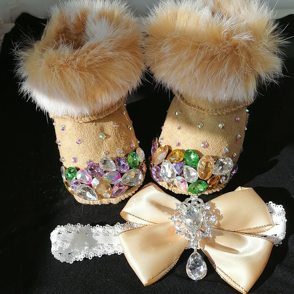 Crystal Baby Girls Snow Boots Headband Rhinestones Bling Shining Golden Noble Angel Winter Shoes First Walkers Gift