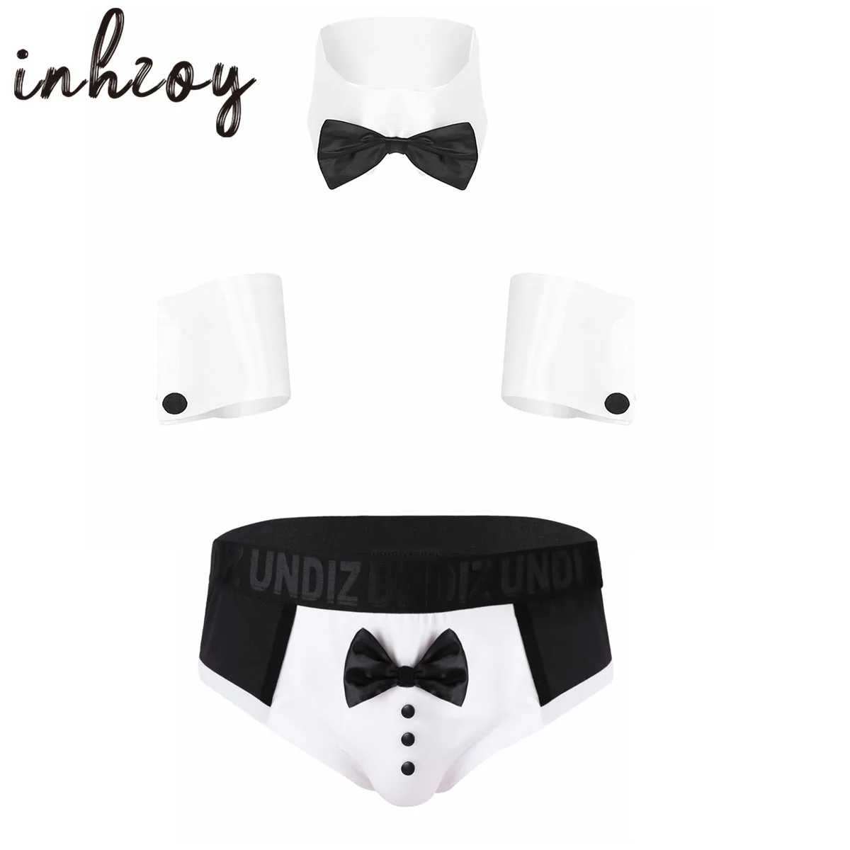 Mens Sexy Waiters Role Play Lingerie Set Bowknot Collar Cuffs with  Briefs Outfits Gay Male Rave Party Clubwear Underwear