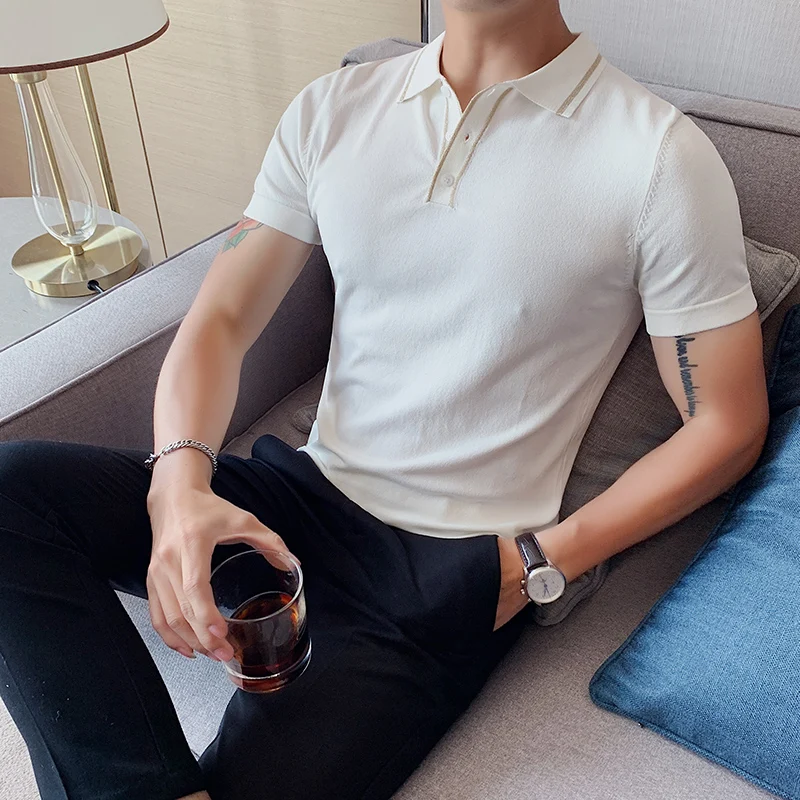 Collar Contrast Color British Slim Lapel Ice Silk T-shirt Playera Polo Hombre Summer Men's Short-sleeved Knitted Polo Shirt