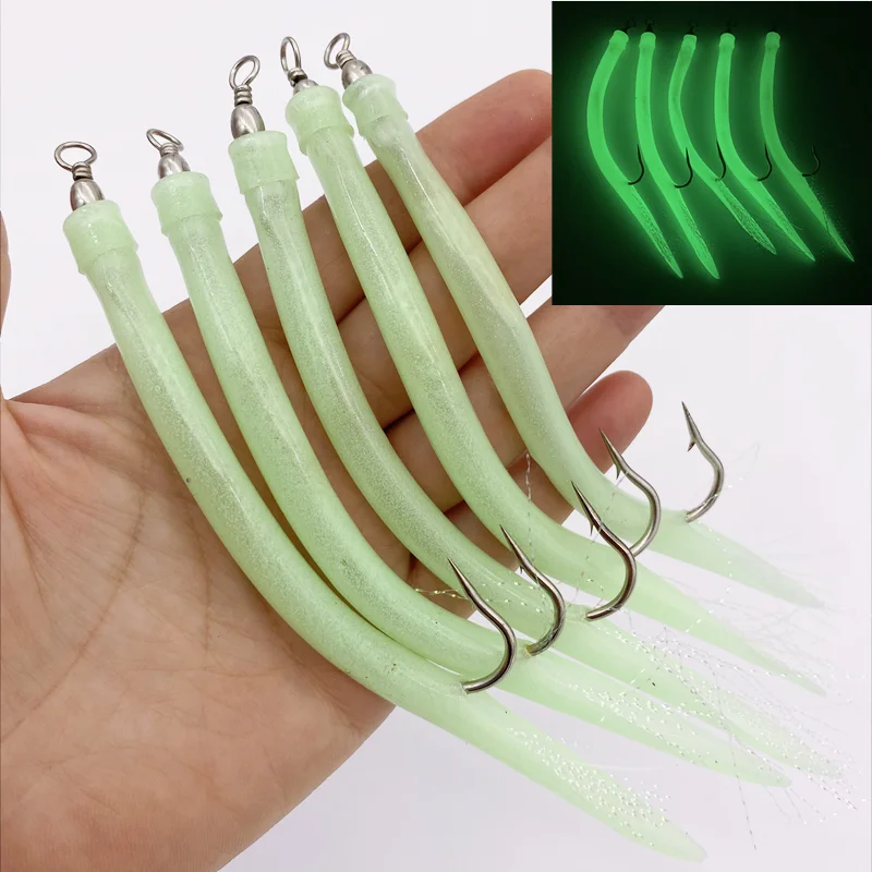 5Pcs*Luminous Fishing Eel Tube bait shank offset Hooks Barbed Octopus Hook Rolling Swivel Thread Feather Sabiki Rig Sea Fishing